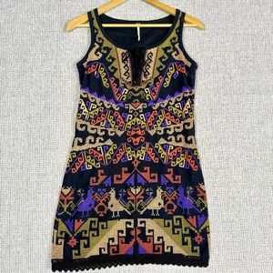 Free People Sz 0 XS Aztec Cross Stitch Bird Embroidered Andean Sheath Dress Boho